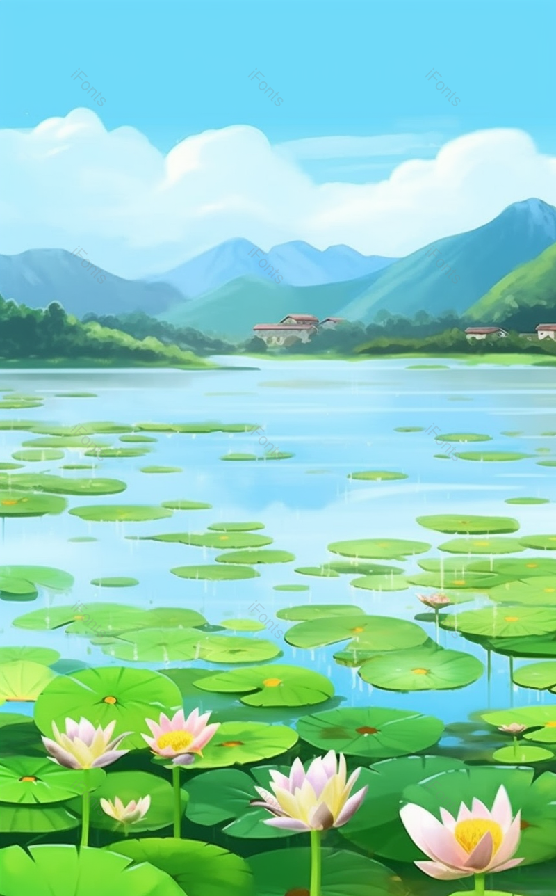 夏天乡下的池塘荷花风景手绘插画背景,插画/手绘图,插画/手绘图库,插画/手绘图下载,插画/手绘